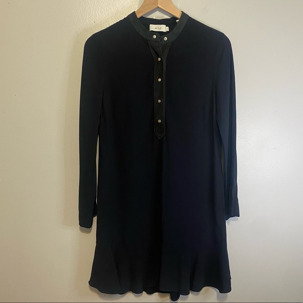 ALC Black Leather Trim Dress Lightweight Flowy Flare Button Size 2
